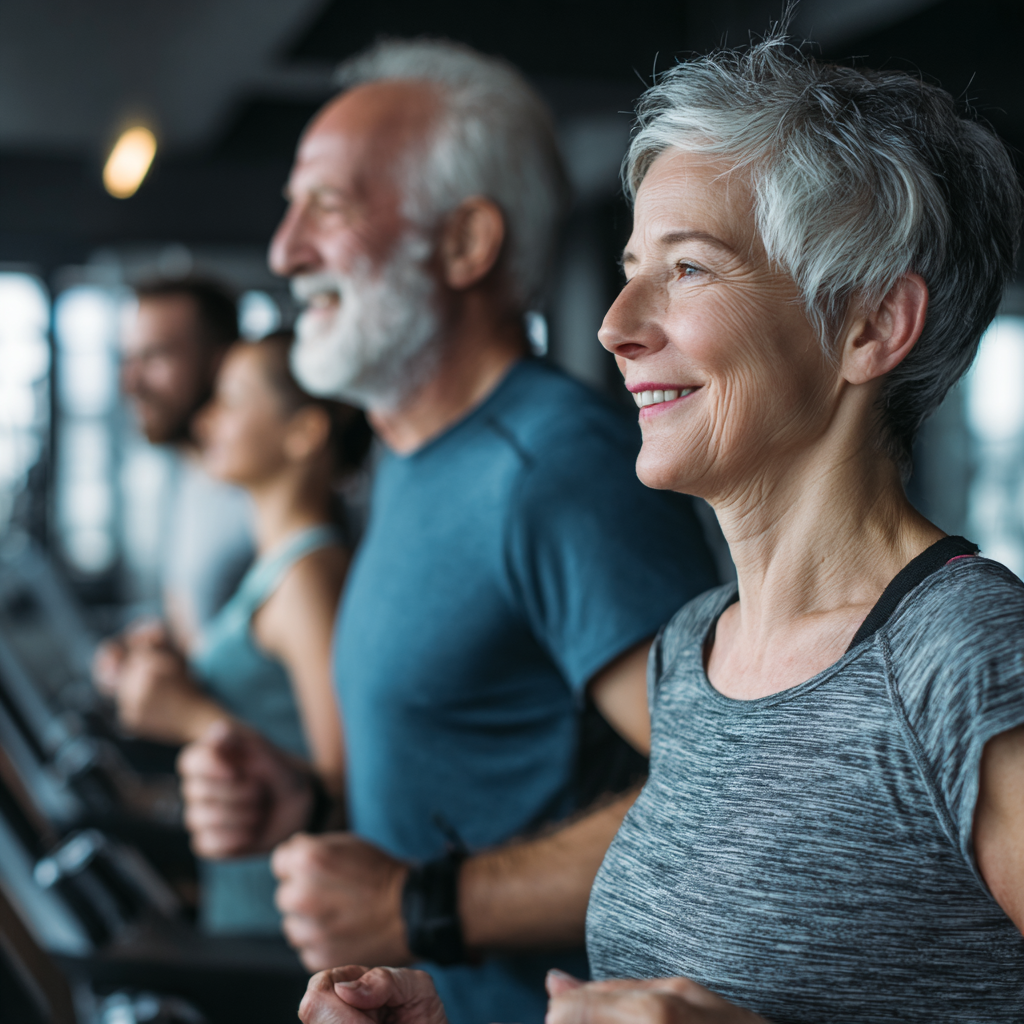 Experienced adults engaging in fitness activities in modern gym environment