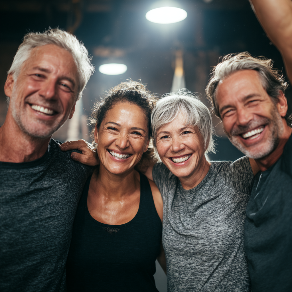 Group of middle-aged adults celebrating fitness achievements together